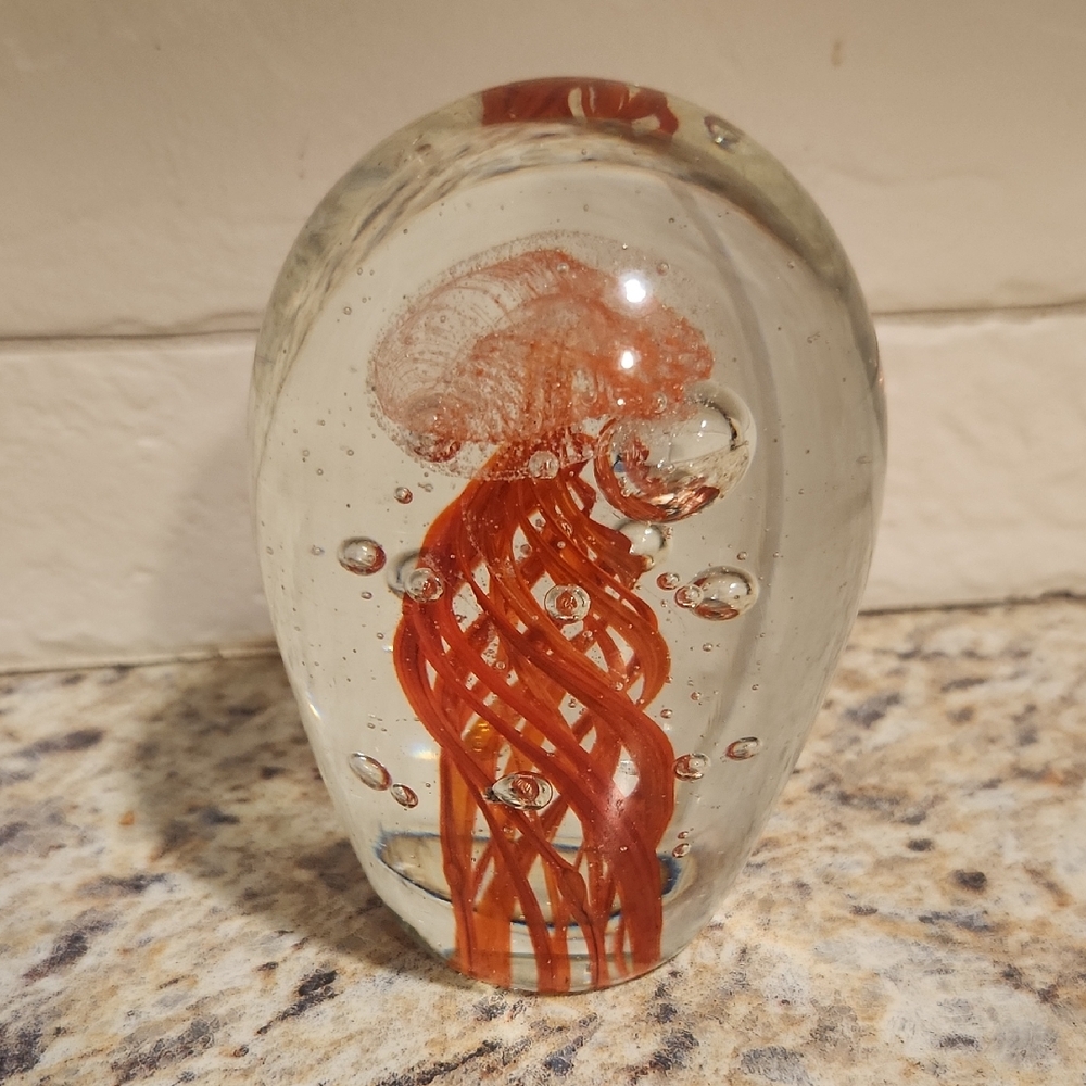 Murano Glass Redish Orange Nautical Jellyfish Paperweight